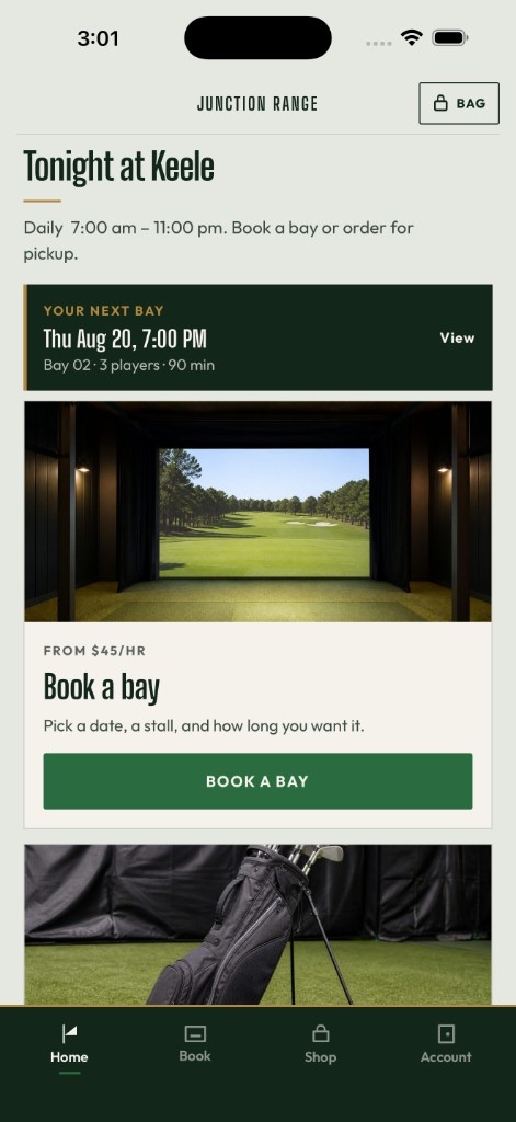 Sample golf simulator app home screen with bay booking