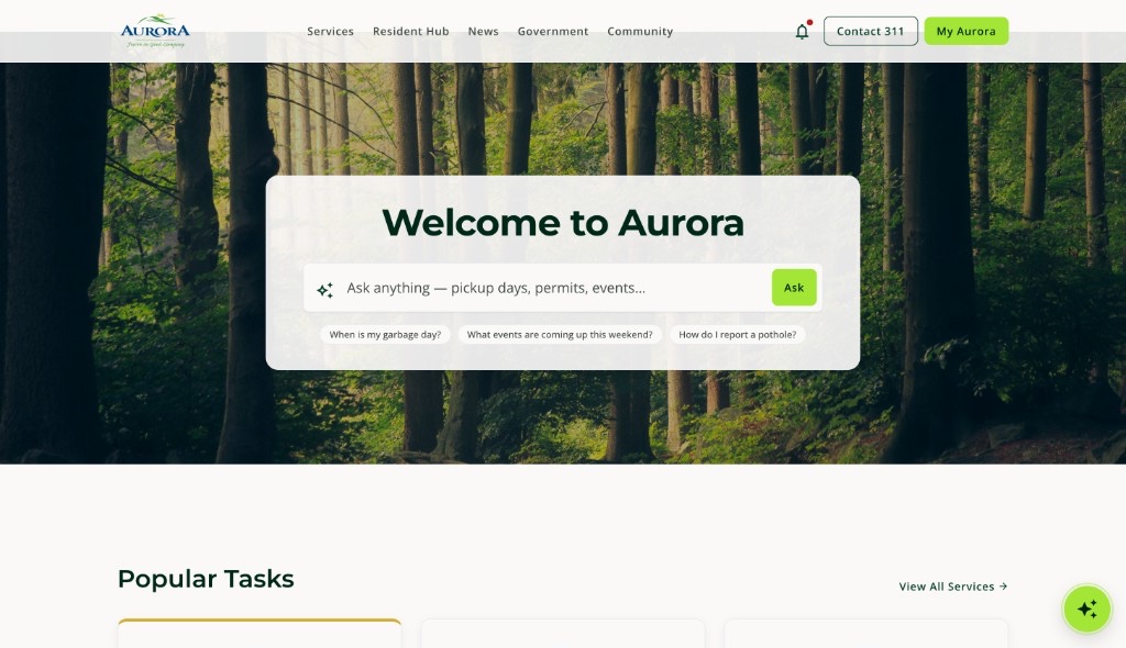 Sample municipal website for Aurora, with an ask-anything search and popular tasks