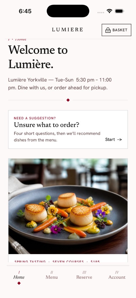 Sample restaurant app home screen for Lumière, with menu, reservations, and pickup