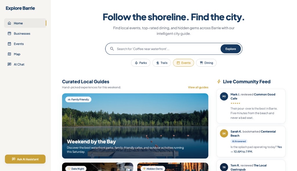 Sample tourism website for Barrie, with visitor search, events, dining, and an assistant